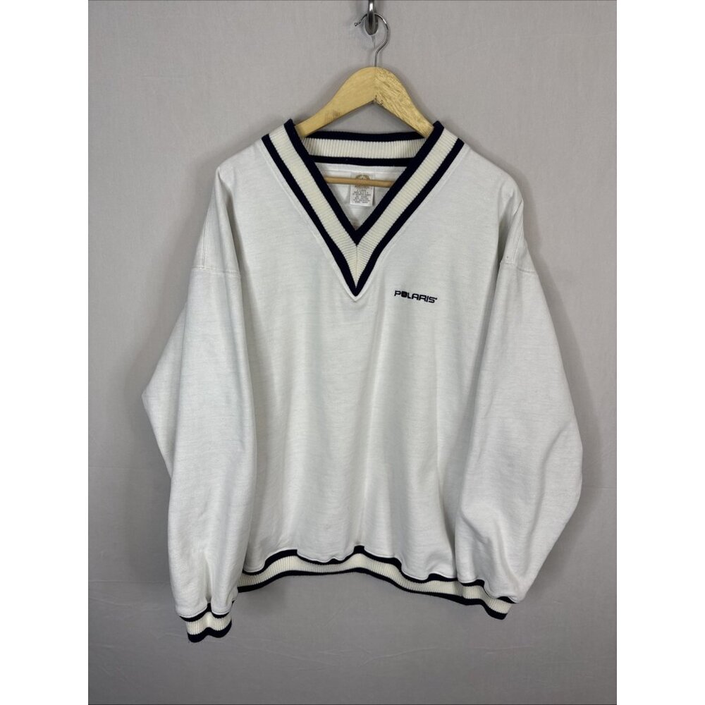 Polaris V-Neck Sweatshirt White Striped Collar Pullover Snowmobile Men’s XL USA